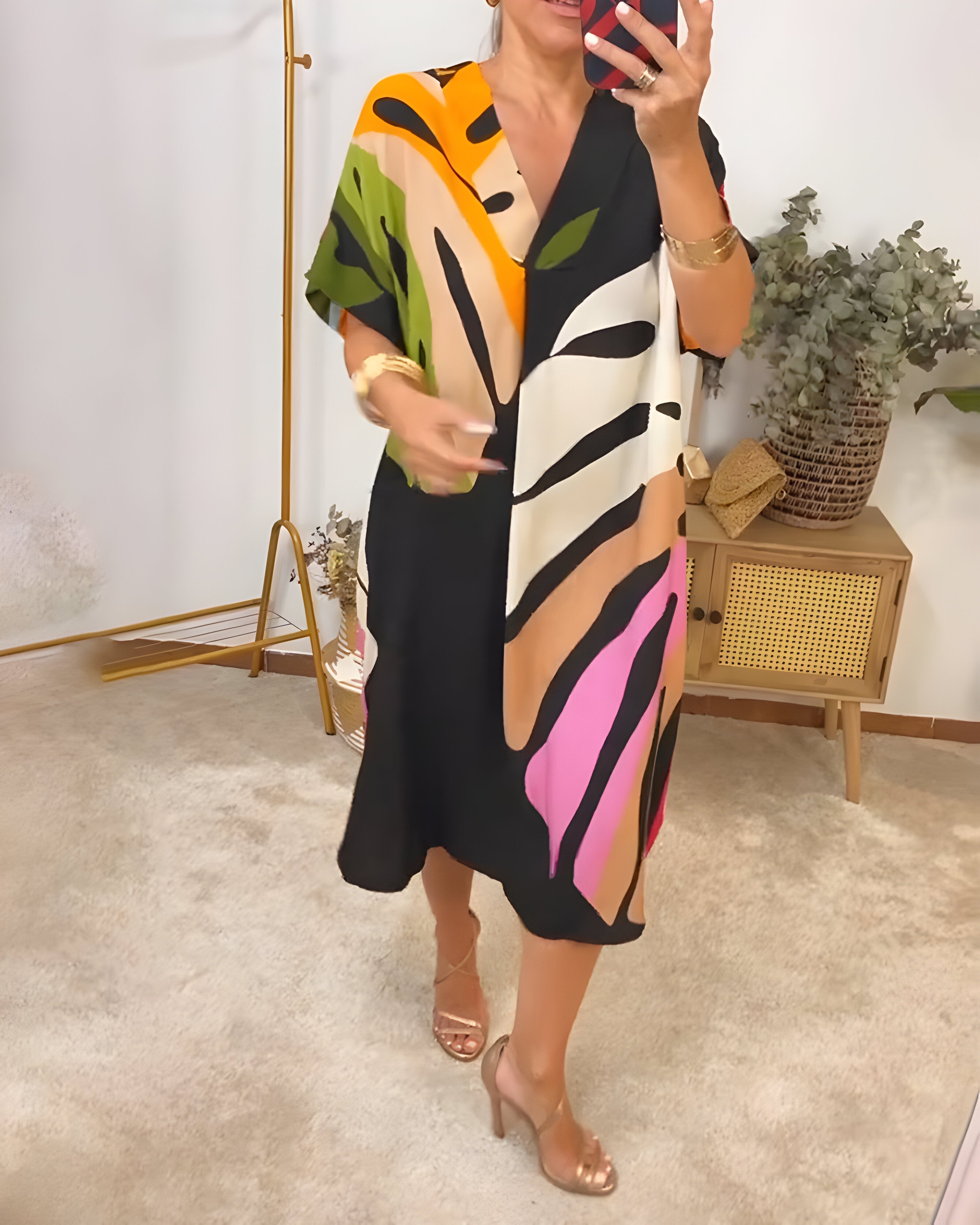 Sara™ | Elegancka Sukienka z Kolorowym Liściastym Wzorem